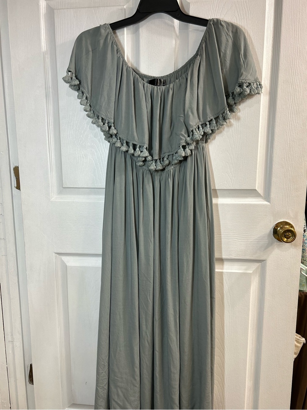 Sage Green Boho Tassel Cape Ruffle Maxi Dress Large